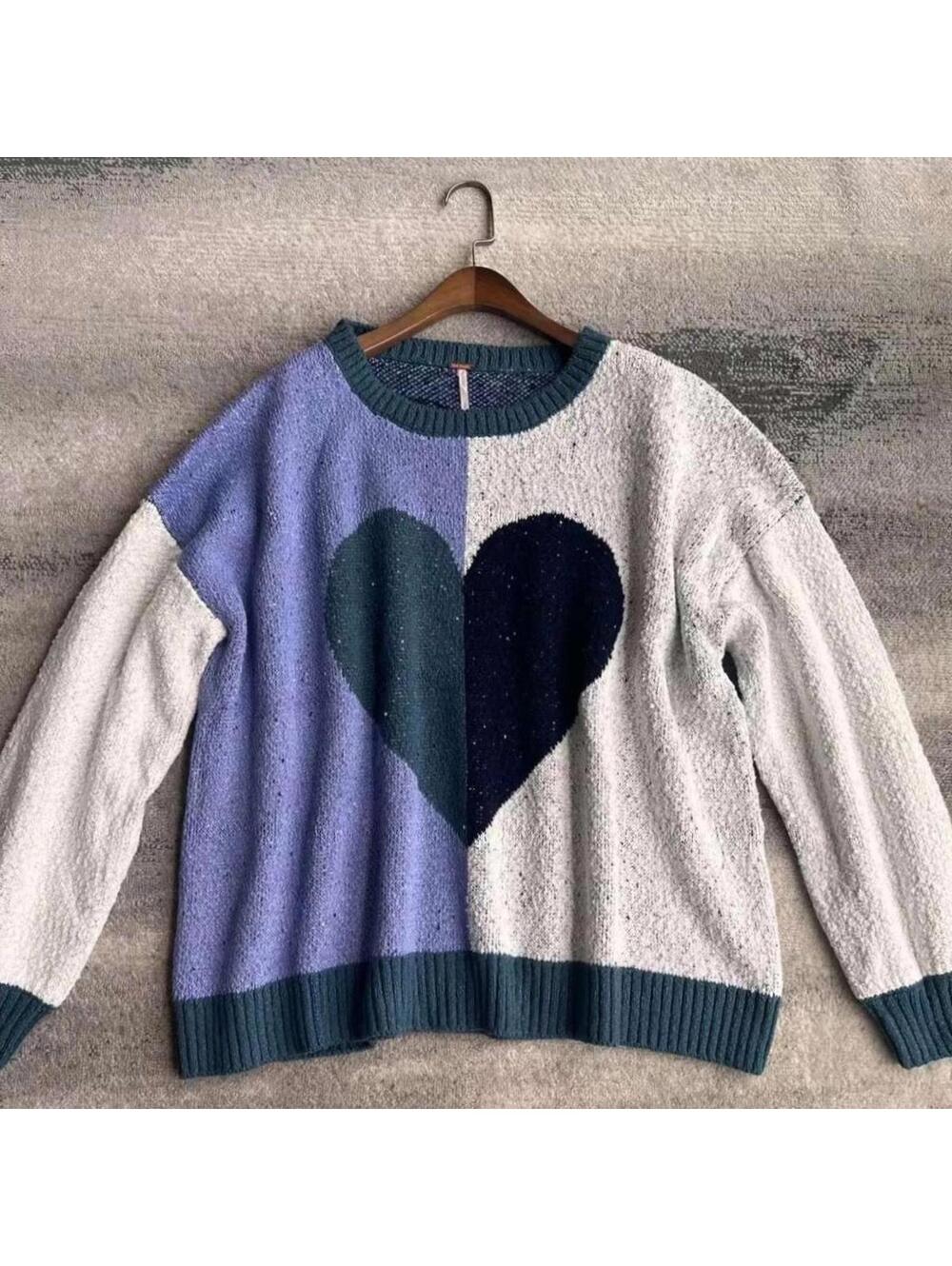 Free People Heart Love Sweater Blue Combo